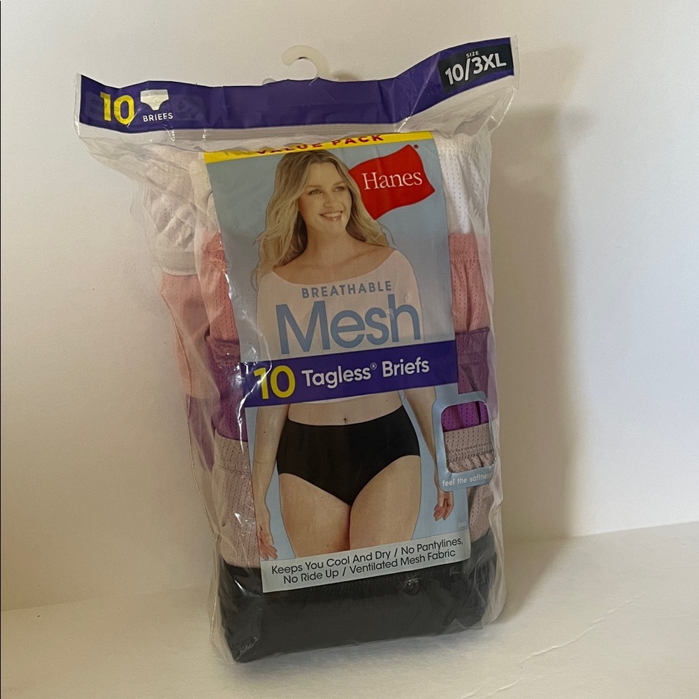 Hanes Mesh Tagless Women’s Briefs 10-Pack - Black, Pink, White, purple, and tan